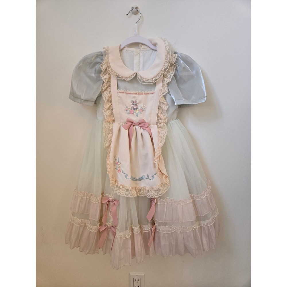 Girls Cottagecore Bunny Lace Tulle Dress Size 6 Pastel Fairy Princess Dress